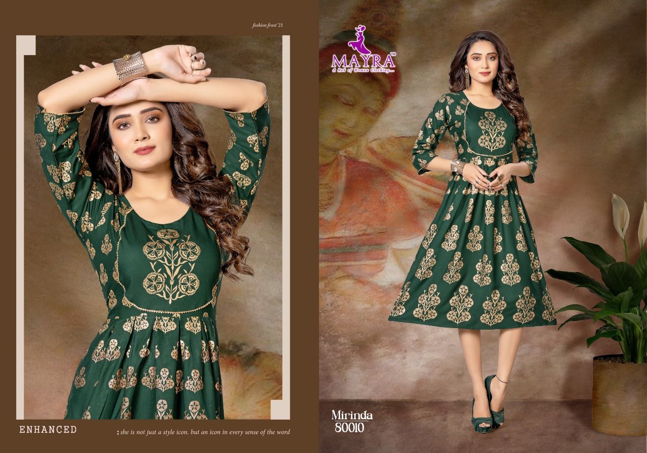Mayra Mirinda Rayon Printed Ethnic Wear Anarakli Kurti Collection